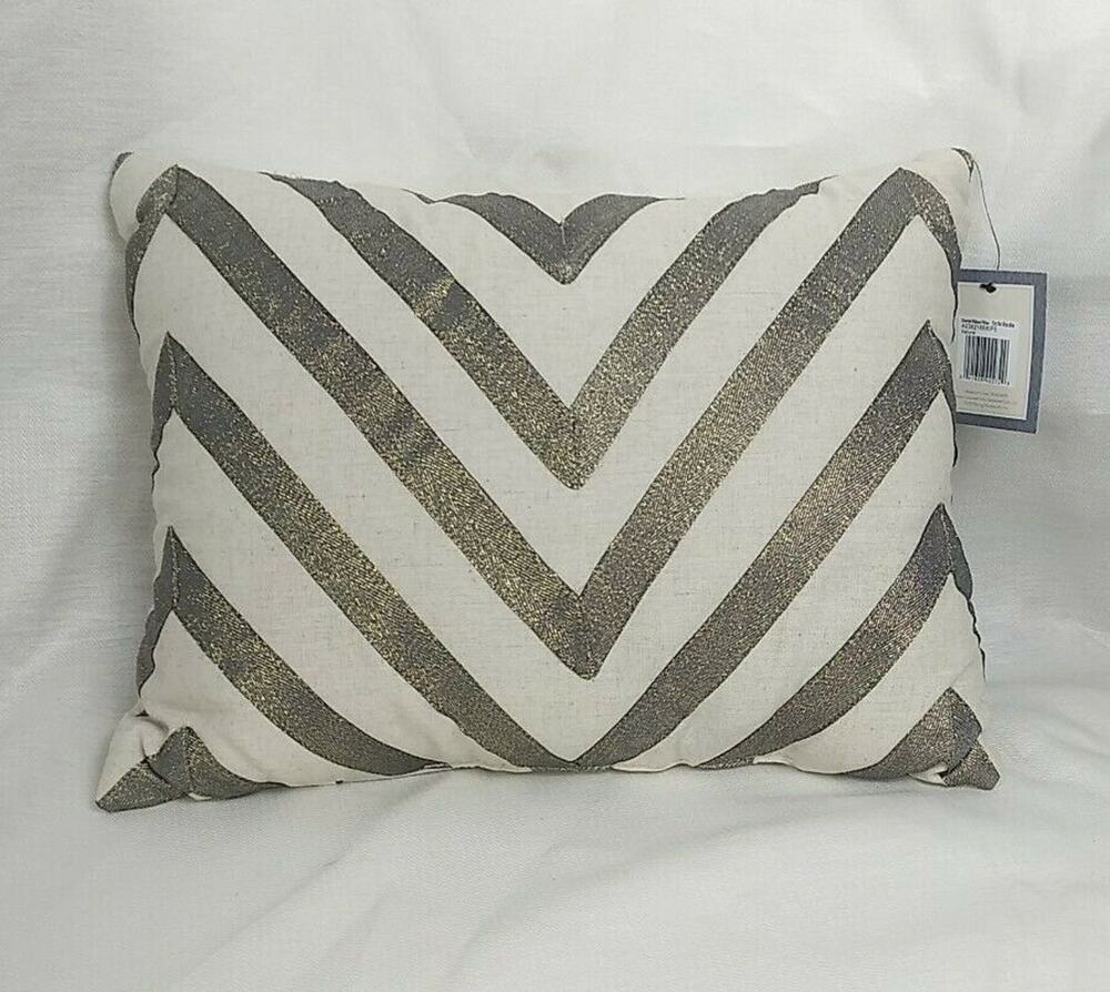 Ayesha Chevron Ribbon Pillow - Natural With Dark Silver Ribbons